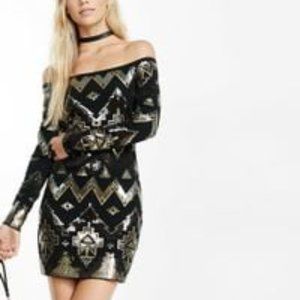 Express Black Off Shoulder Deco Sequined Dress Sm